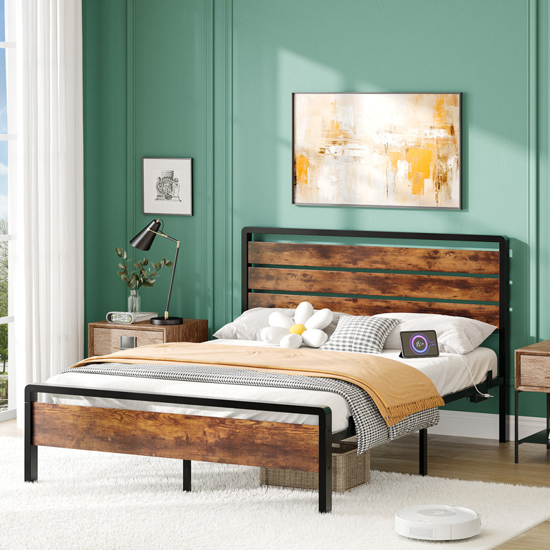 King Size Brown Bed Frame With Led Light And Charging Station, Metal Platform Bed With Wood Headboard, King, Brown