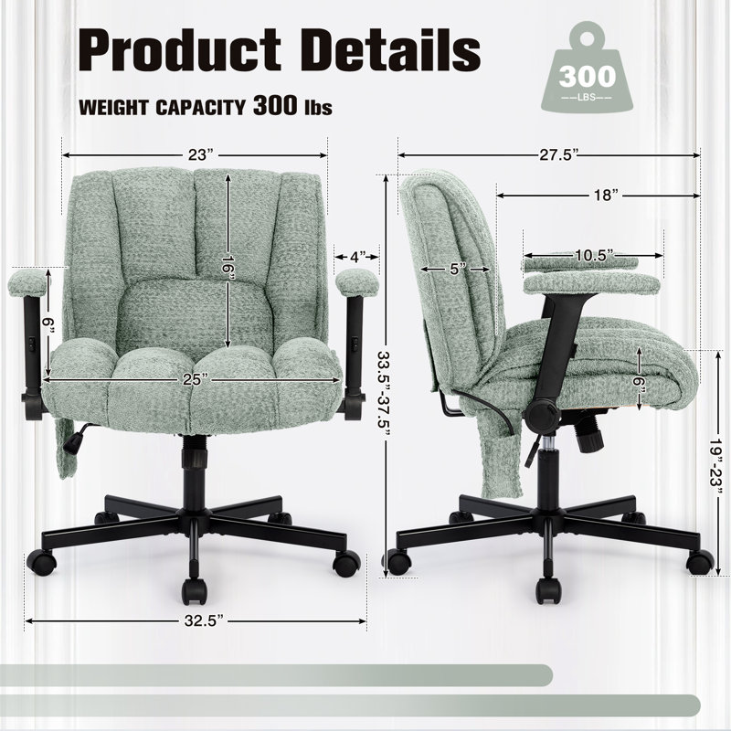 Adjustable Ergonomic Cross Legged Desk Chair with Adjustable Up&Down and Flip-Up Armrests & Lumbar Support, 300LBS Capacity