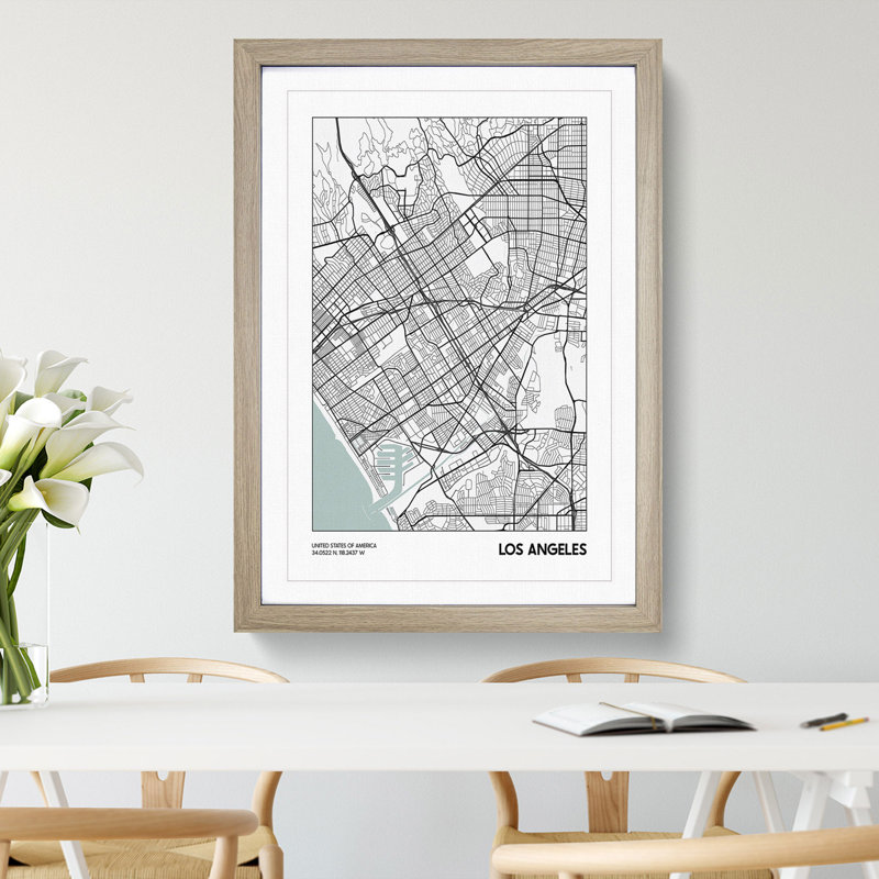 Map Los Angeles USA - Picture Frame Graphic Art, 36cm H x 27cm W x 2cm D, Oak