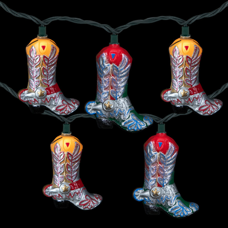 10-Count Cowboy Boot Patio Light Set 5.75Ft Green Wire