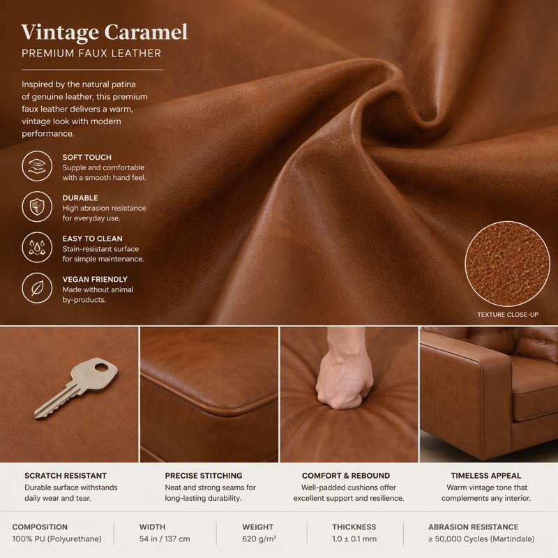 Canapé en PU avec dossier capitonné et garniture cloutée, 2-Seater, Brown Faux Leather