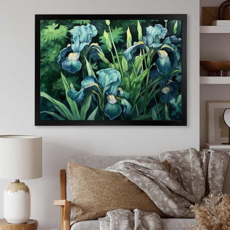 Green Irises Petal II - impression sur toile florale, Cadre simple noir, H 12 po x l 20 po x P 1 po