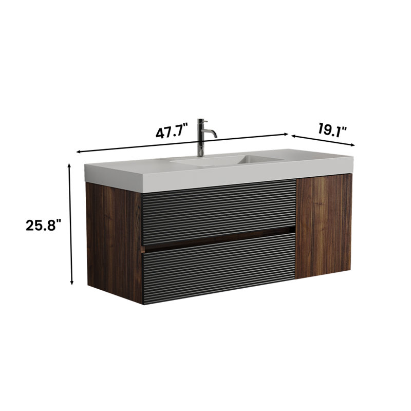 Meuble-lavabo 48 po en noyer avec lavabo à surface solide et tiroirs noirs doux, Noir; brun / blanc brillant
