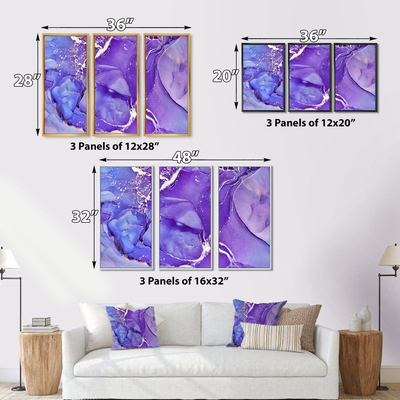 «Mauve et bleu liquide fuchsia», reproduction d'art sur toile 3 pièces, H 32 po x l 48 po x P 1 po, Cadre noir