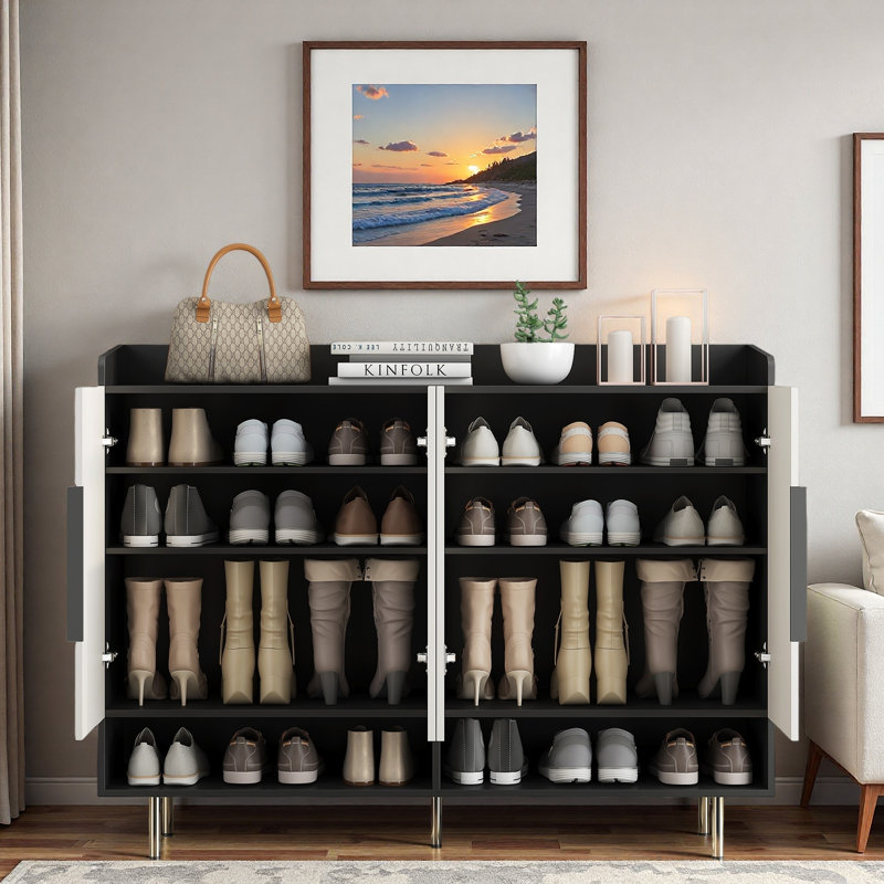 Armoire à chaussures moderne avec 4 portes, tablettes réglables, rangement ouvert et poignées en métal