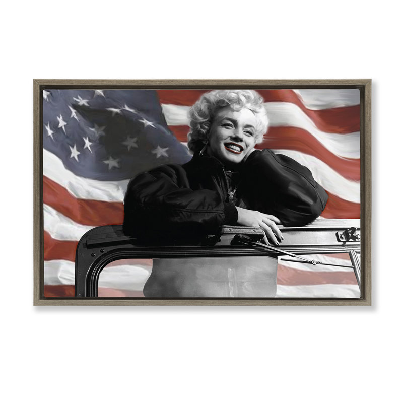 «Marilyn & Waving Flag», toile flottante encadrée par Jadei, Cadre flottant orme Montalcino, H 17 po x l 25 po