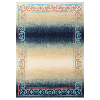 Machine Washable Rugs Bordered Design Modern Non-Slip Low Pile Rubber Backing Ombre Area Rug for Living Room Bedroom Kitchen Dining Room
