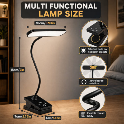 Black 670nm Red Rechargeable Clip-On Reading Lamp | No-Blue-Light Cordless Book Light with 3 Color Modes and Touch Dimming for Bedroom, Office and Students