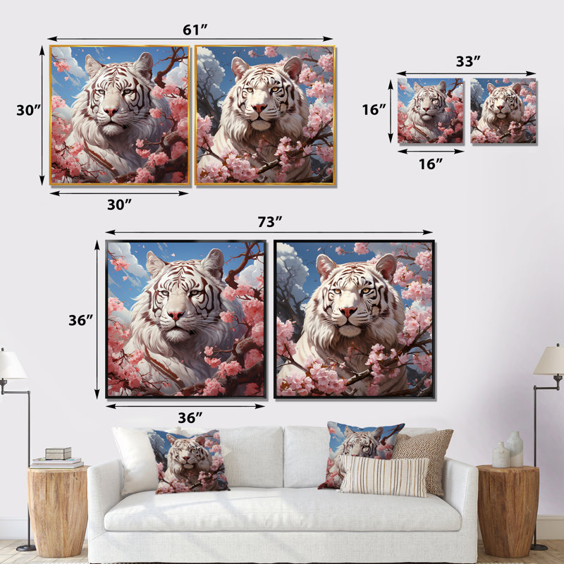 Ensemble de salon avec art floral tigré blanc et tigre blanc I, Cadre flottant blanc, H 36 po x l 73 po x P 1,5 po