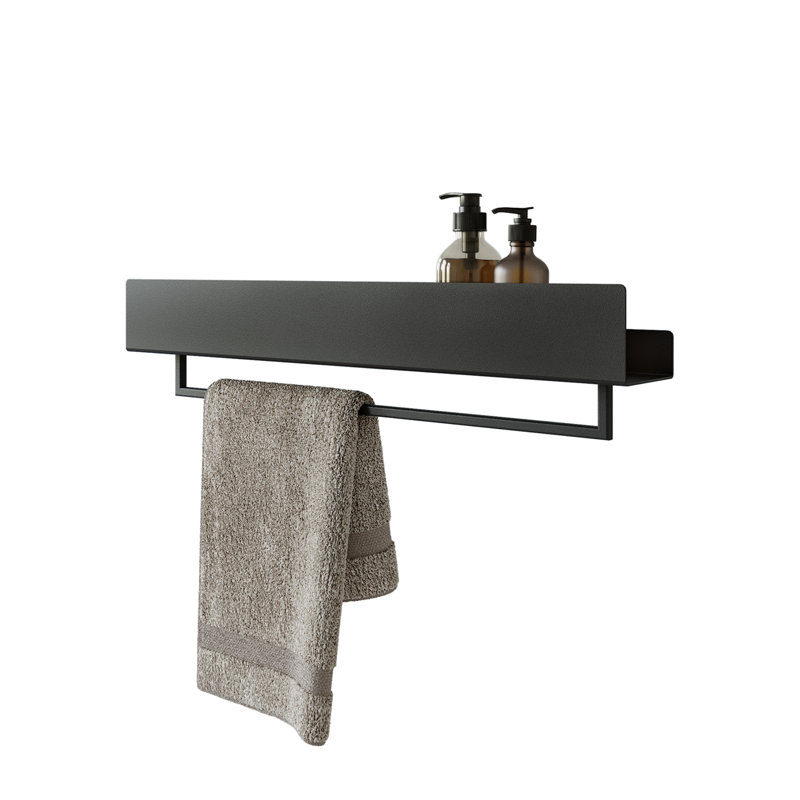 VASCA Metal Floating Shelf with Towel Bar, Black, 8cm H x 60cm W x 6cm D