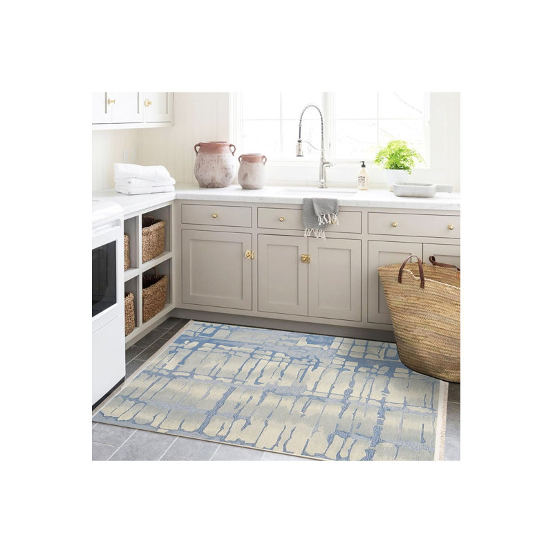 Tapis décoratif moderne abstrait bleu lavable à la machine, Sous-tapis rectangulaire de 3 pi 3 po x 4 pi 11 po
