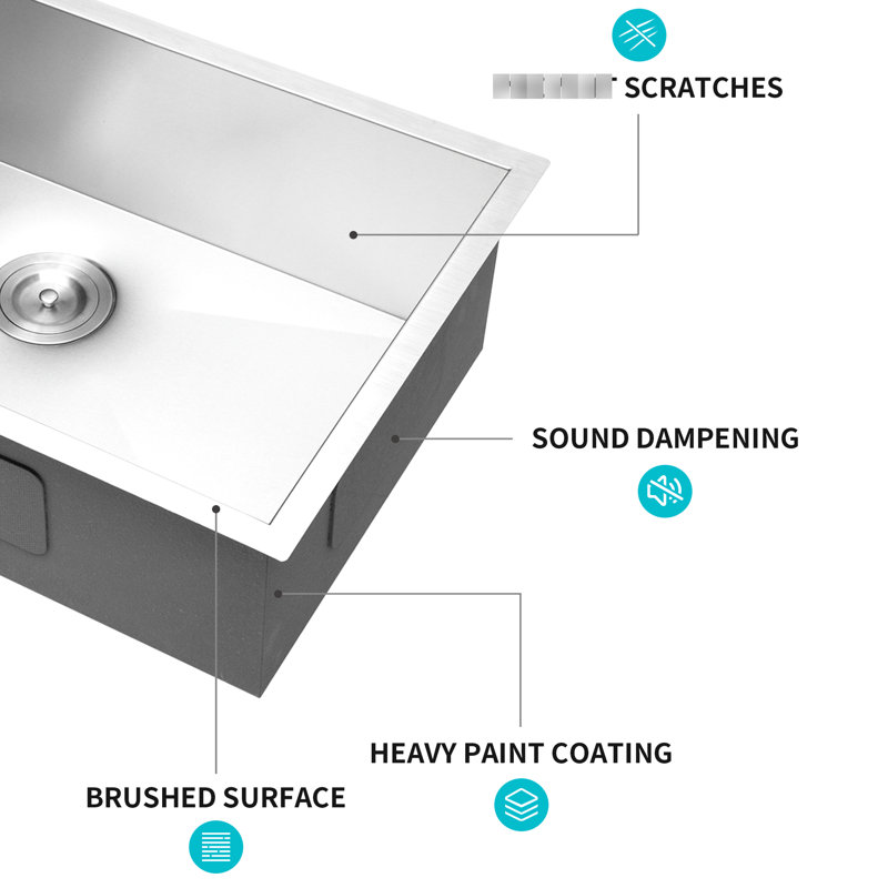 26 Inch 16 Gauge Undermount Stainless Steel Kitchen Sink Basin, Single Bowl With Drain Assembly, X - Shaped Water Guiding System For Fast Flow And Easy Maintenance, Condensation Covering 3Mm Quieting