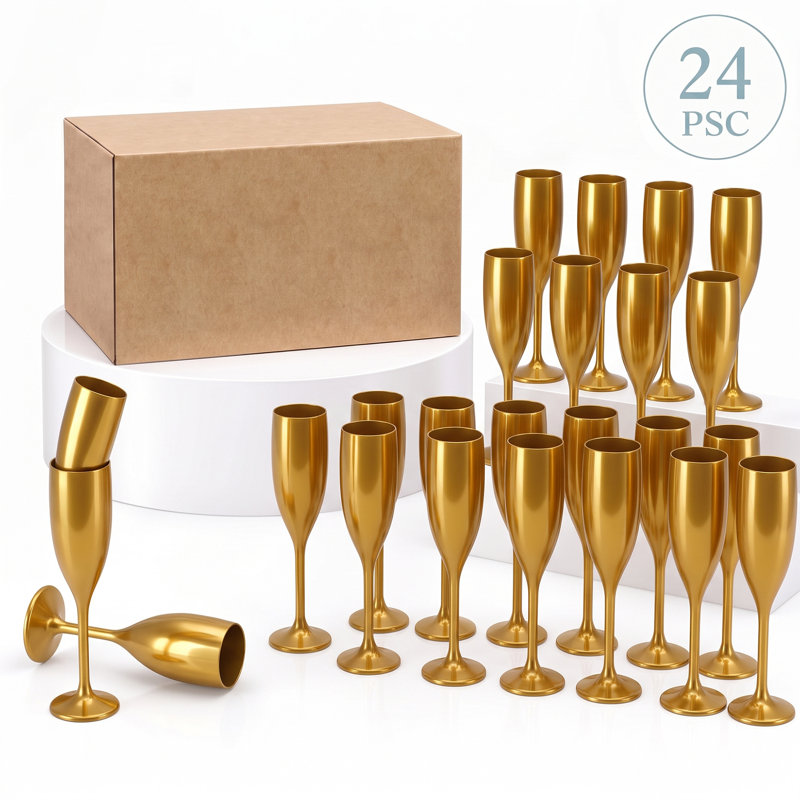 Ensemble de 24 flûtes à champagne en plastique doré 24 pièces - Verres incassables de qualité supérieure de 8,7 po pour les mariages, les fêtes et les célébrations - Verres à griller réutilisables élégants, or