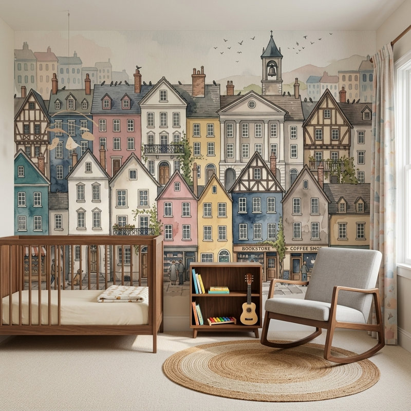 Décoration murale européenne de bâtiments de style pastel en aquarelle, 120 po x 96 po, Peler et coller