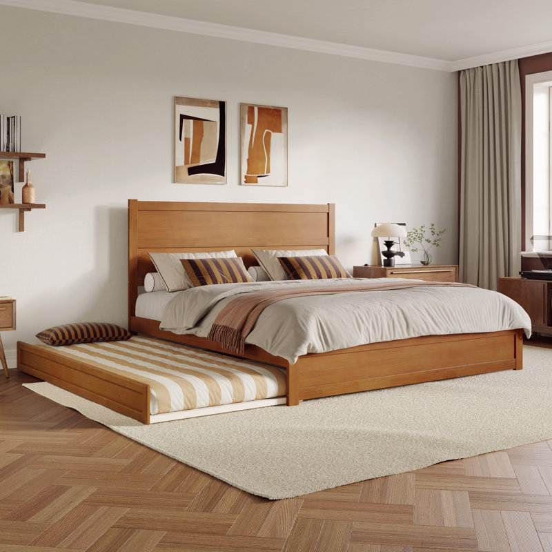 Lit plateforme en bois avec pied de lit et gigogne Aveline, Très grand lit, Caramel clair