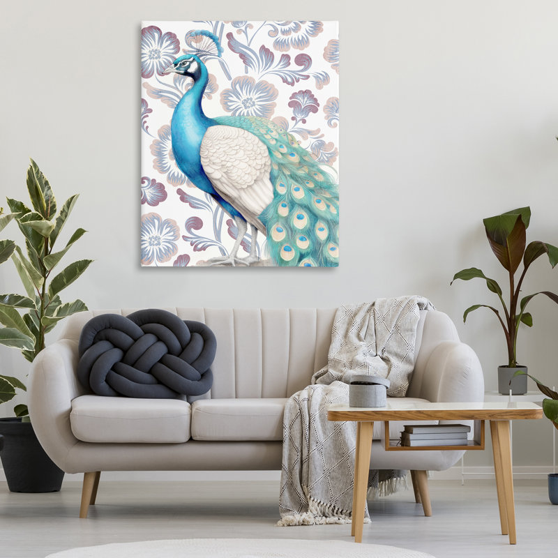 «Peacock on Floral», art mural sur toile par Kim Allen, H 48 po x l 36 po