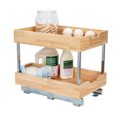 Elizandra Glidez Steel and Wood Pull-Out/Slide-Out Storage Organizer for Under Cabinet Use - 2 -Tier Design - Fits Standard Size Cabinet or Shelf, Brushed Nickel and Natural
