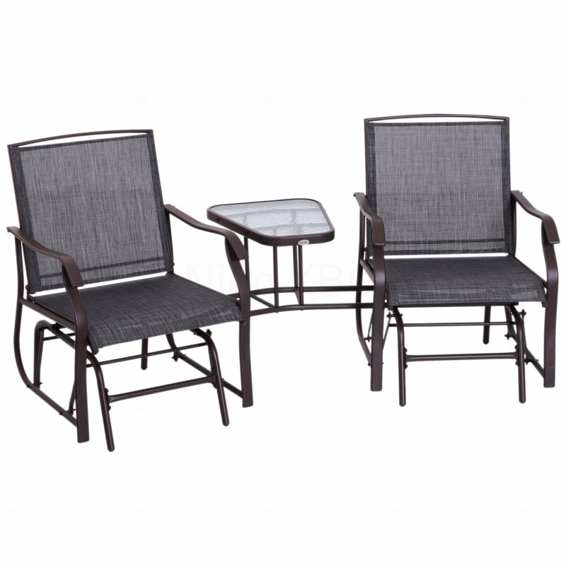 Outdoor Glider Chairs With Coffee Table, Patio 2-Seat Rocking Chair Swing Loveseat With Breathable Sling For Backyard Garden And Porch Grey