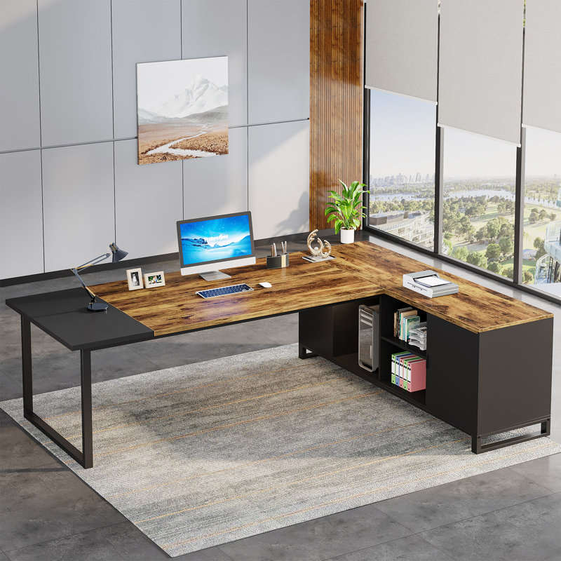 Elishia L-Shaped Executive Desk with Storage Cabinet, Brown/Black