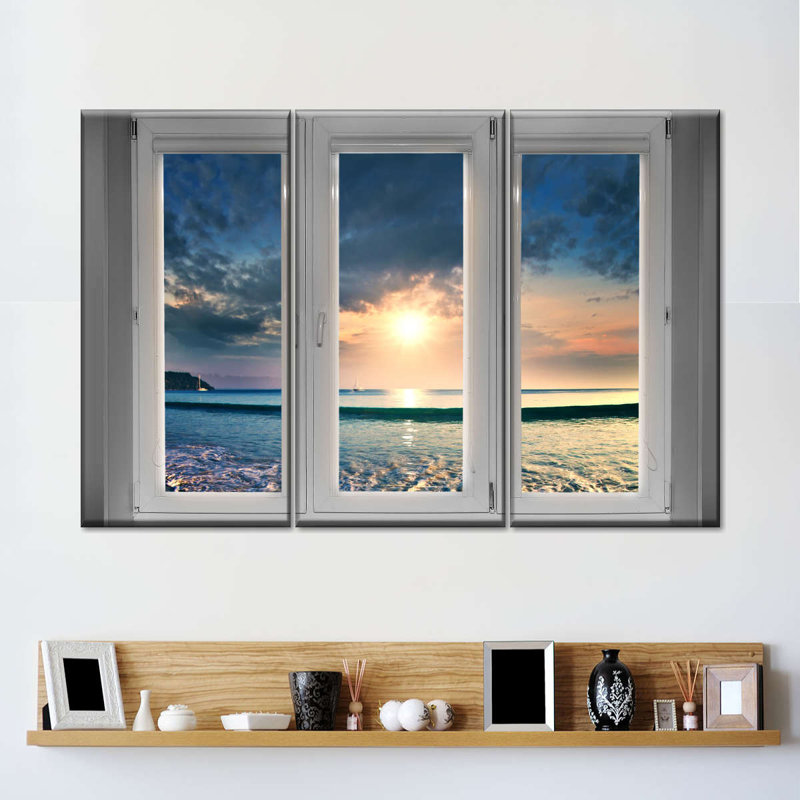 «Beach Sunsets And Sunrises Window To Beach Scene», ensemble de 3 pièces, H 24 po x l 38 po x P 1,25 po