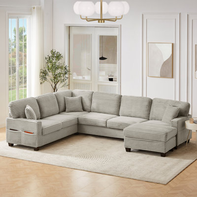 Canapé modulaire en U taupe 125,2 po de couleur taupe rembourré avec repose-pieds mobile et poches de rangement latérales pour le salon