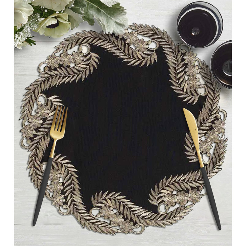 Luxury Round Embroidered Table Doilies of Anyce Collection for Dining Room Decor and Christmas Table Decor, Black/Gold