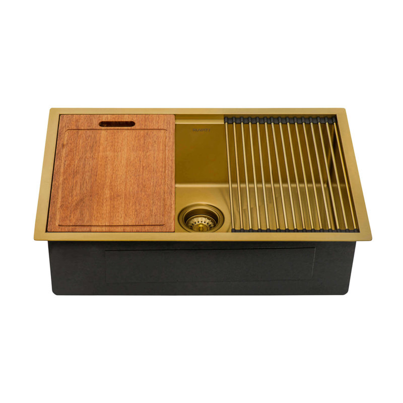 Workstation 33" L x 19" W Undermount Kitchen Sink with Sink Grid, Matte Gold, 30" L x 19" W