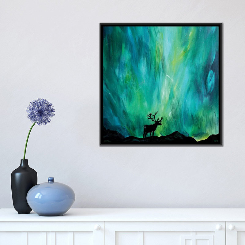 « elk northern lights », impression sur toile, H 18 po x l 18 po x P 1,5 po, Toile avec cadre flottant noir, Pas de tapis