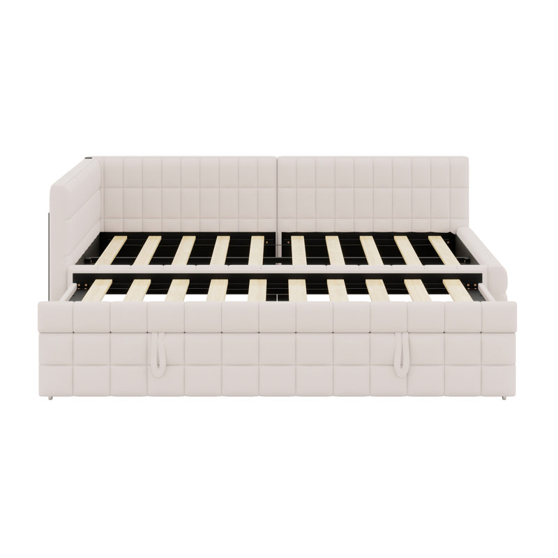 L-Shaped Upholstered Daybed With Pop Up Trundle And USB Ports, Beige