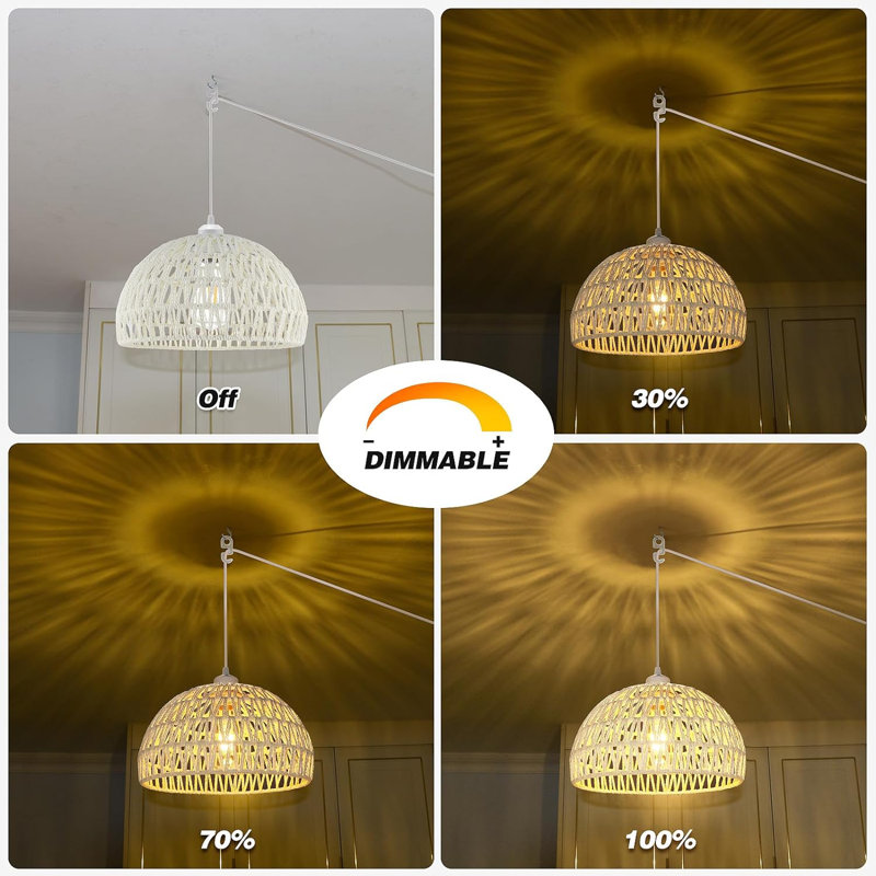 Plug in Pendant Light, 15FT Hemp Rope Cord,Hanging Light with Plug in Cord Rattan Hanging Lamp