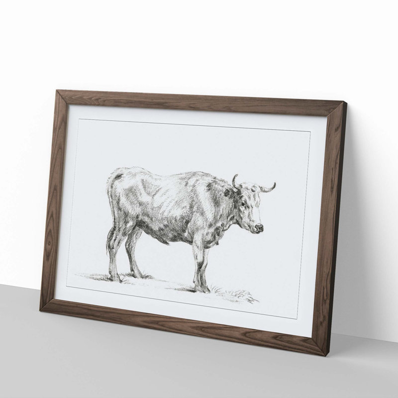 Sketch of a Bull by Jean Bernard - Picture Frame Drawing Print, Walnut Framed, 27cm H x 36cm W x 2cm D