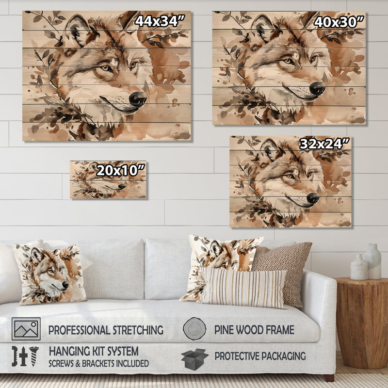 Aquarelle de loup fantaisiste en automne - Art mural moderne sur bois de pin naturel, H 34 po x l 44 po