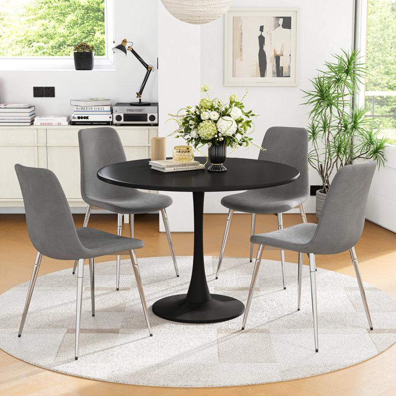 5-Piece Round Metal Pedestal Dining Table With 4 Dining Chairs, Gray/Silver, Black