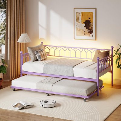 Twin Daybed with Trundle, Day Bed with Charging Station & LED Lights, Metal Sofa Bed Frame with Pull Out Trundle for Living Room, Bedroom, Apartment and Small Spaces, Gold