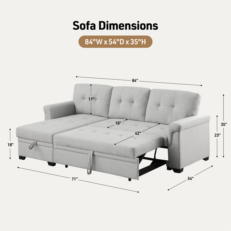 Lucca 84" Light Gray Linen Reversible Sleeper Sectional Sofa With Storage Chaise, Right Hand Facing, Light Gray Linen