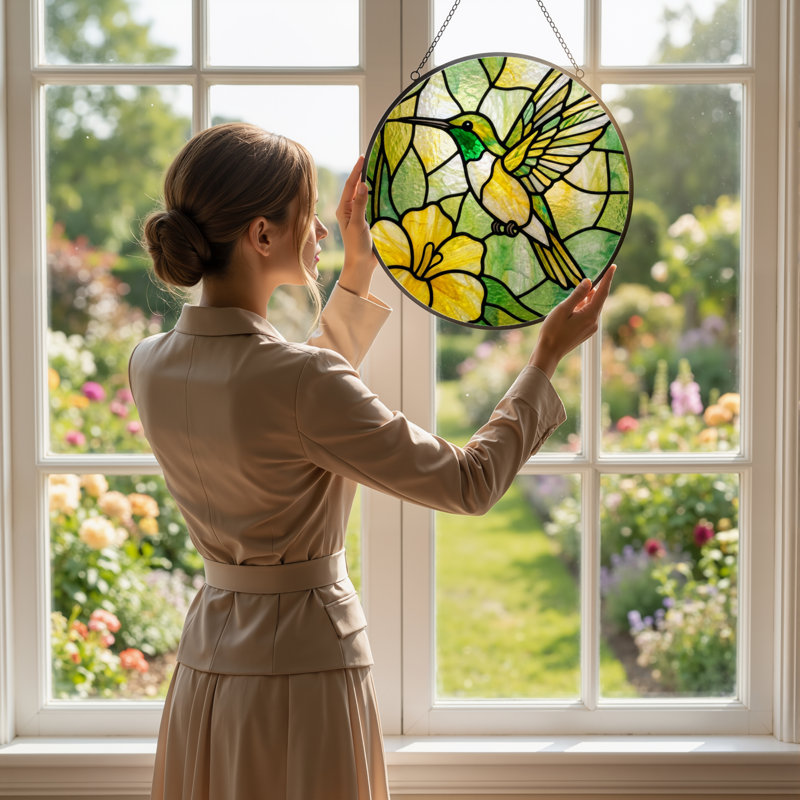 12"H Hummingbird Flower Stained Glass Window Panel, 12" H x 12" W