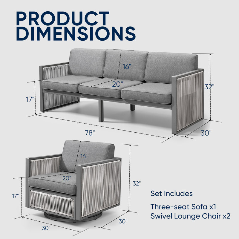 Trinie Outdoor 3-Piece PE Wicker Patio Set With Cushions, Light Gray
