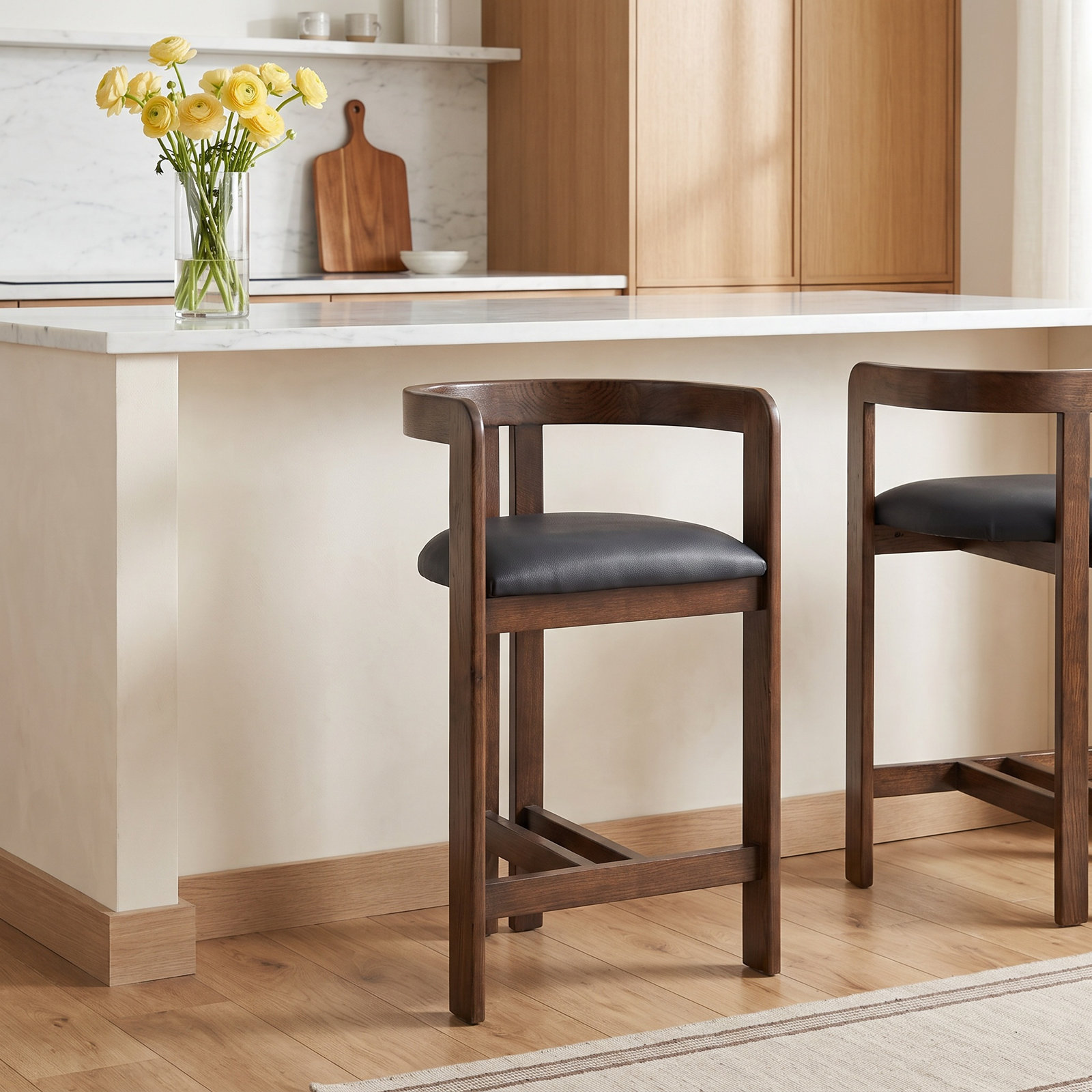 Lulani 26" Bar Stool, Black Faux Leather / Brown Oak Frame