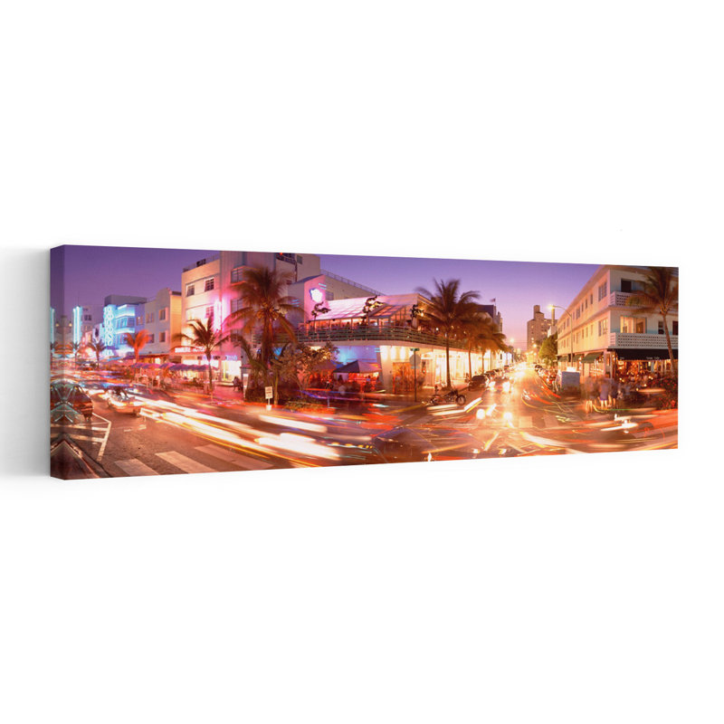 Traffic on a road Ocean Drive Miami Florida USA 1 Piece Wrapped Canvas Panoramic Wall Art, 30.48 cm H x 91.44 cm W