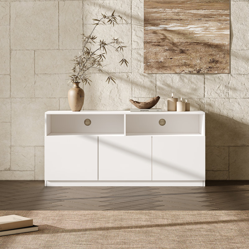 Meuble télé blanc 47,2 po pour téléviseur de 50 po, console multimédia compacte en bois moderne avec armoires de rangement et gestion des câbles pour les petits espaces de la chambre à coucher du salon