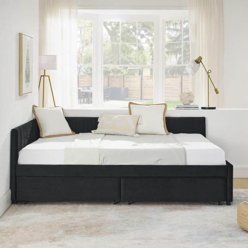 Full Size Upholstered Tufted Bed Frame with Two Drawers, Sofa Bed Frame with Comfortable Backrest and Armrests, Velvet, Black
