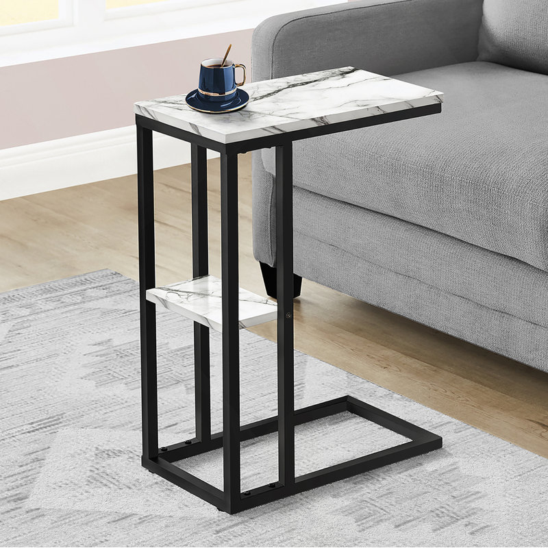 Table d'appoint, en forme de C, bout, côté, collation, stratifié aspect marbre blanc, métal noir