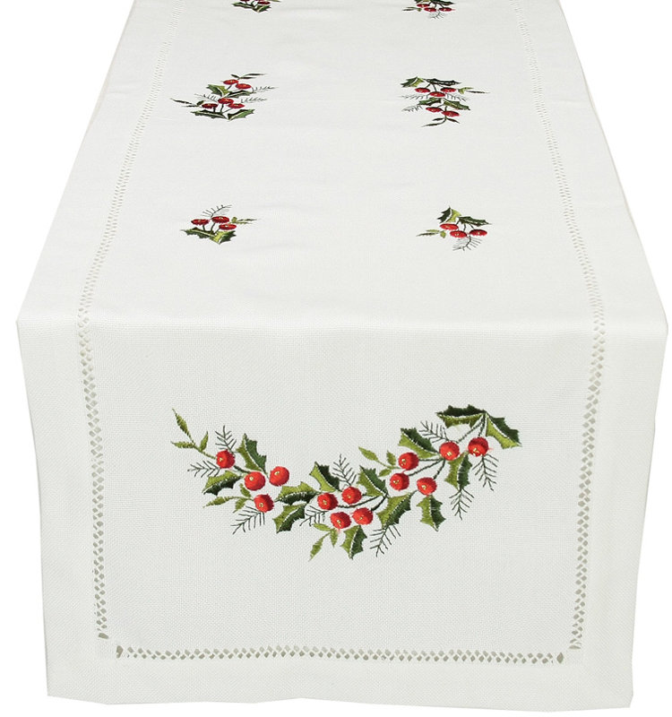 Holly Berry Embroidered Hemstitch Holiday Table Runner, 54" L x 15" W