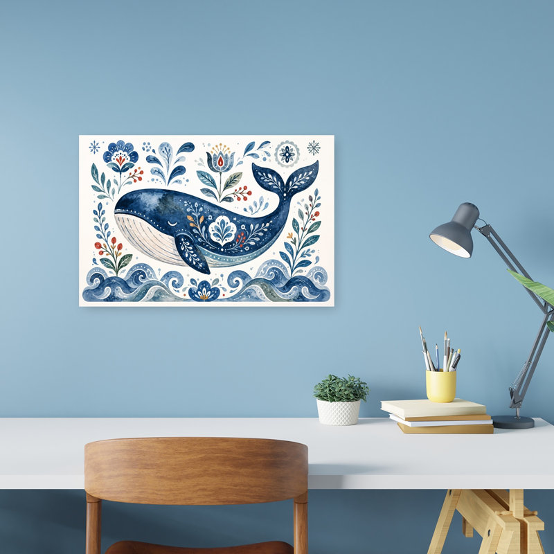 Folk Art Blue Whale Whimsical Abstract Whale Flower Nature Wall Art Print 1 Piece Wrapped Canvas Wall Art