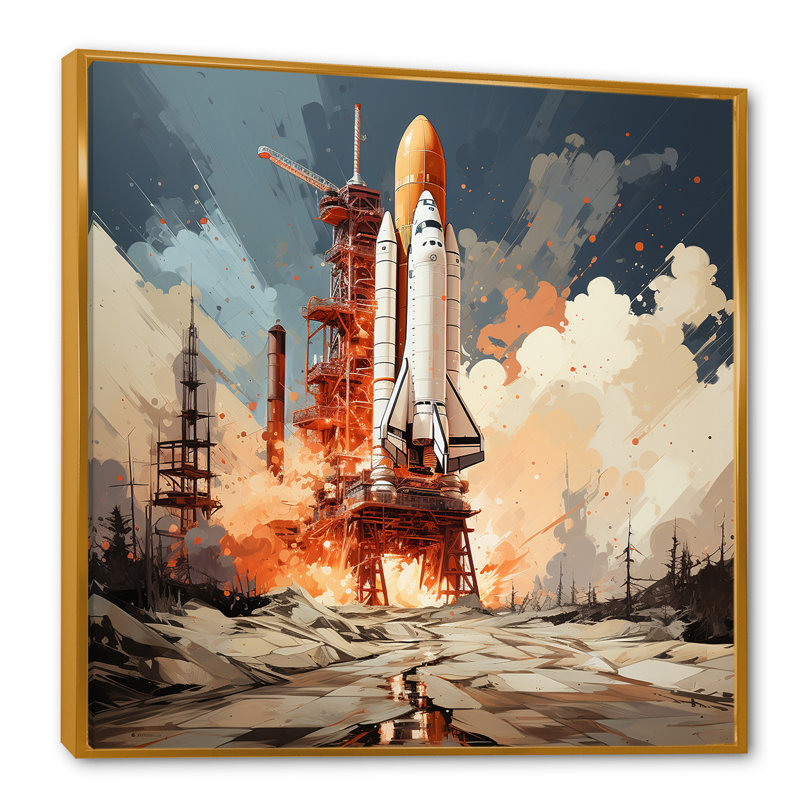 " Modern Space Shuttle Launch ", Gold Floater Framed, 24" H x 24" W x 1" D