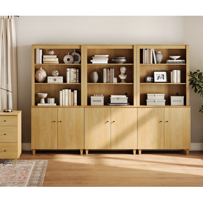 71 Inches Tall Bookcase With Doors, 5-Tier Bookshelf With Storage Cabinet For Home Office, Living Room, 106" Wide, 3 Column