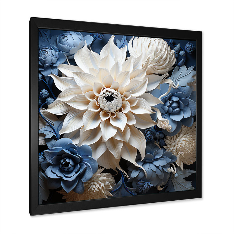 «Dahlia Symphony III», art mural blanc et bleu, Cadre simple noir, H 36 po x l 36 po x P 1,5 po