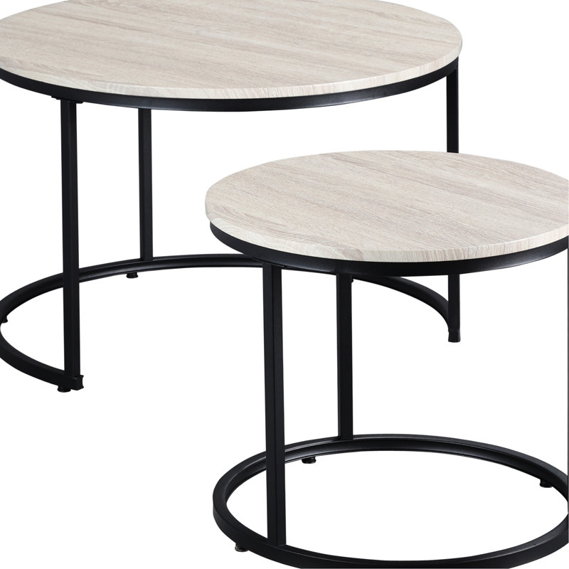 Ensemble de 2 tables gigognes grises. Table basse avec pattes en métal pour le salon. Tables d'appoint rondes à base stable et pieds réglables. Style industriel, polyvalent et idéal pour optimiser l'espace.