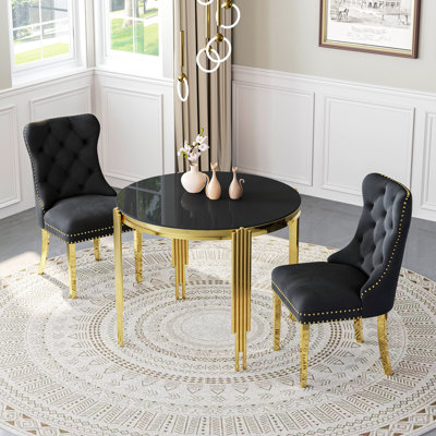 37"Modern Glass Dining Table Set, Irregular Stainless Steel Table Legs And Velvet Tufted Backrest Chairs