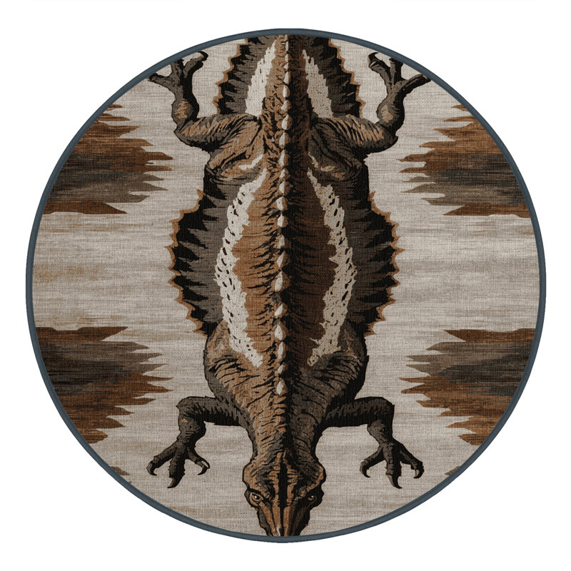 Machine Washable Dinosaurs Brown Area Rug, Round 6'